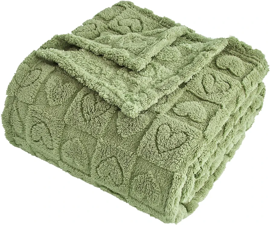 FY FIBER HOUSE Throw Blankets with Heart Checkered,Soft Warm Blankets for Lover Mom Father Gifts,Washable Lightweight Fuzzy Blanket for Couch Sofa Bed Office All Season(Sage Green,50"x60")