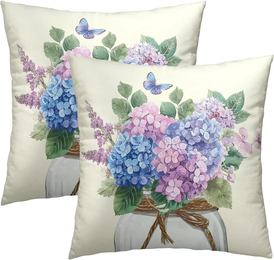 Hydrangea Flower Throw Pillow Cover Set of 2 18x18 Inch Vintage Blue Purple Floral Jar Watercolor Decorative Couch Pillow Cushion Case for Outdoor Patio Living Room Bedroom Decor