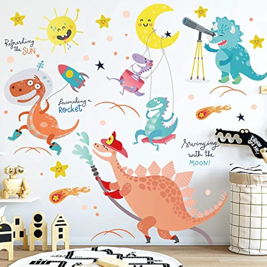 45 x 33 Inch Dinosaur Wall Decals Stickers, Baby Dino Outer Space Astronaut Stars Toddler Playroom Decor, Galaxy Rocket Ship Kids Room Wall Decal Stickers, Daycare Bedroom Classroom Nursery Art Decal