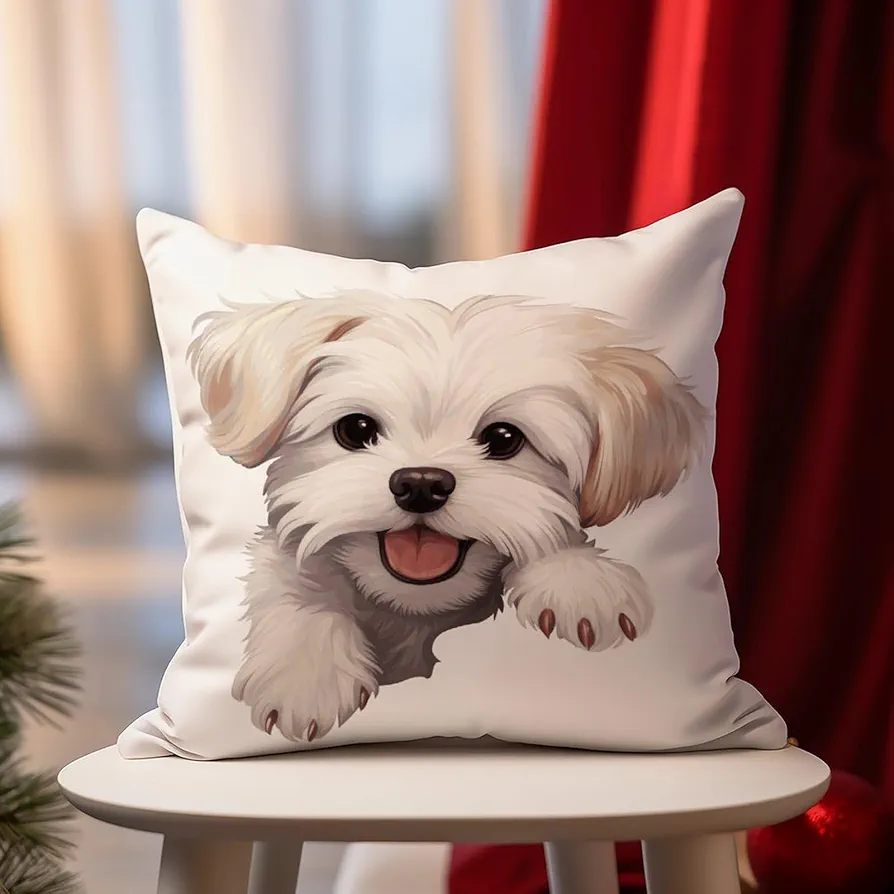 Maltese Peeking Throw Pillow Case Dogs Puppies Cushion Cover Dog Owner Gift Decorative Pillow Home Cotton Linen 16x16in Pillowcase for Sofa Living Room Bedroom Decor