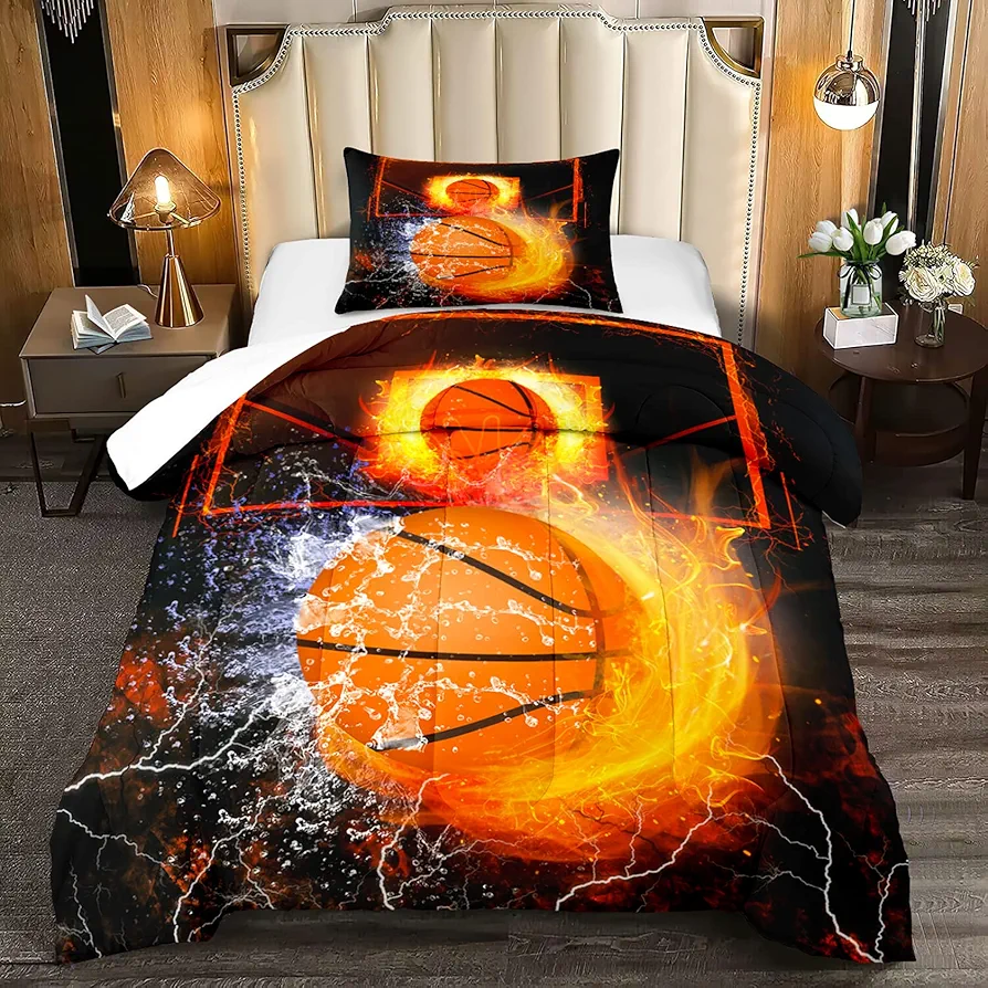 Basketball Comforter Set Twin Size Comforter Set for Boys Basketball Room Decor Fire Basketball Bedding Sports Comforter Sets for Boys Teens Basketball Fire Print Twin Quilt Set with 1 Pillowcase