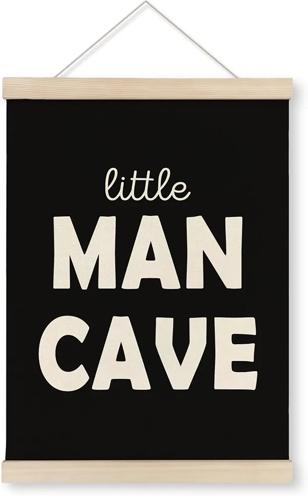 HRQKO Little Man Cave Sign Poster Hanger Frame, Boy Nursery Decor, Toddler Boy Room Wall Art with Wooden Frames, Nursery Decorations Wall Hanging Banner for Boys, Nursery Wall Decor Boy, 12x16 inch