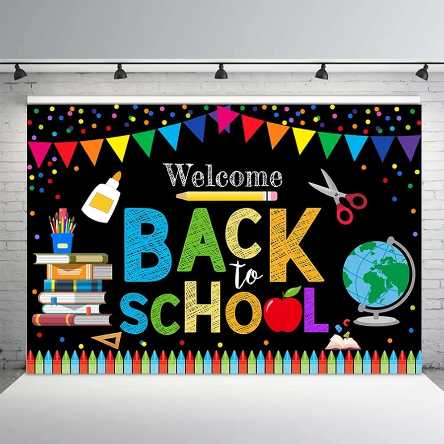 MEHOFOND 10x7ft Welcome Back to School Backdrop for Kids Children Preschool First Day of in Person School Kindergarten Classroom Party Supplies Decoration Black Background Photo Booth Props