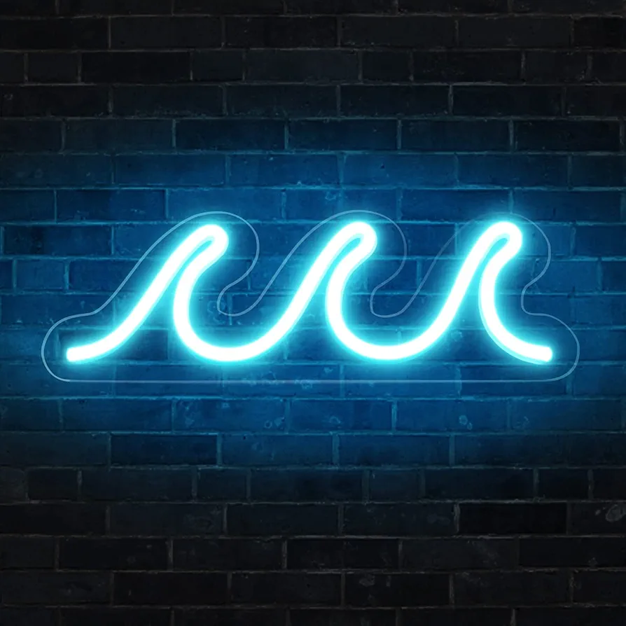 Wave Neon Signs for Bedroom, Ice Blue LED Neon Signs for Wall Decor, Night Lights USB Powered with Dimmer & Switch, Tropical Decor for Living Room, Bar, Dorm, Birthday Gift, Wedding Party