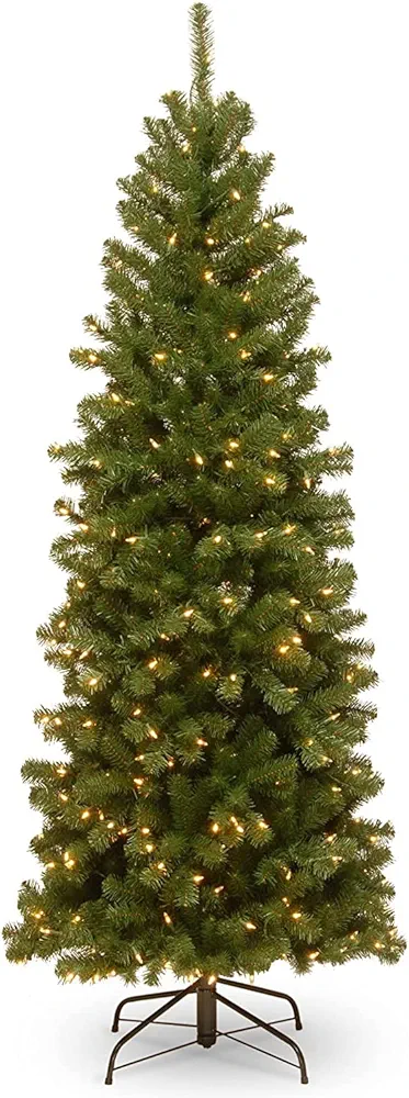 National Tree Company Pre-Lit Artificial Slim Christmas Tree, Green, North Valley Spruce, White Lights, Includes Stand, 6 Feet