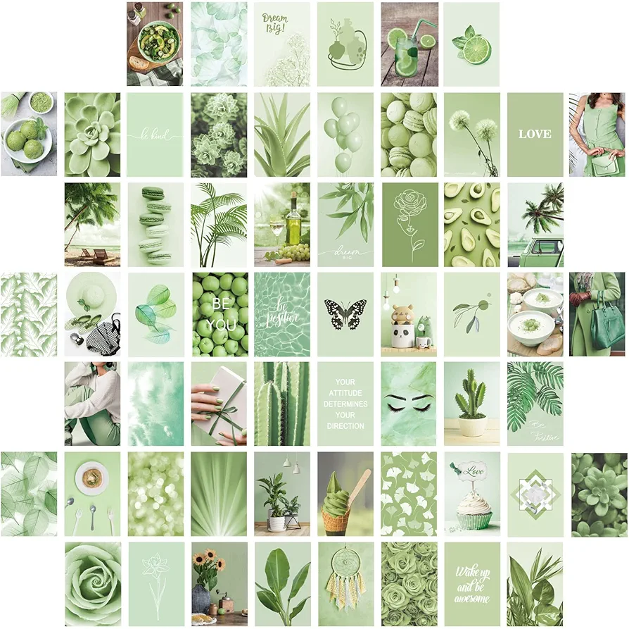 Chinco 60 Pcs Green Aesthetic Plants Wall Art Kit for Dorm Room Decor, Teen Girls & Boys