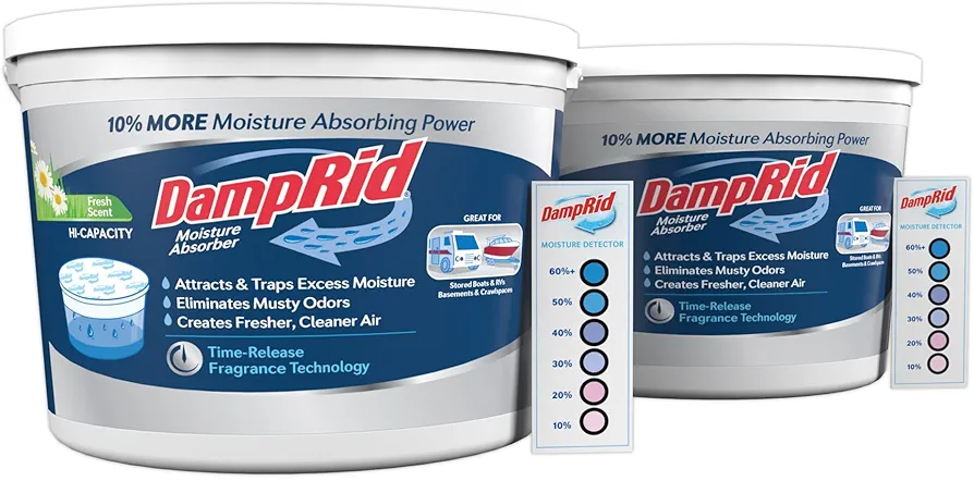 DampRid Hi-Capacity Moisture Absorber Bucket, Fresh Scent, 2 lb. 15.5 oz. & Moisture Detection Strip (2 Pack), Attracts & Traps Excess Moisture