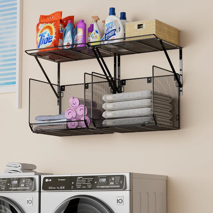 2 Pack Laundry Room Shelves Organization and Storage,Wall Mounted Clothes Drying Rack with Wire Mesh Basket Over Washer and Dryer, (Black, 2 Pack)