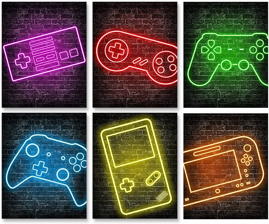 Neon Gaming Posters for Boys Room Decor, Boys Room Decorations for Bedroom, gamer wall art,Gamer, game console, Teen boy bedroom, game room, No Frames Set of 6 (8”X 10”)