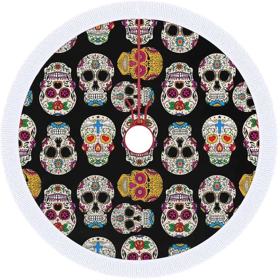 Dead Colorful Floral Sugar Skull Christmas Tree Skirt Mat Party Decorations Indoor Outdoor Living Room Home Decor 36"x36"