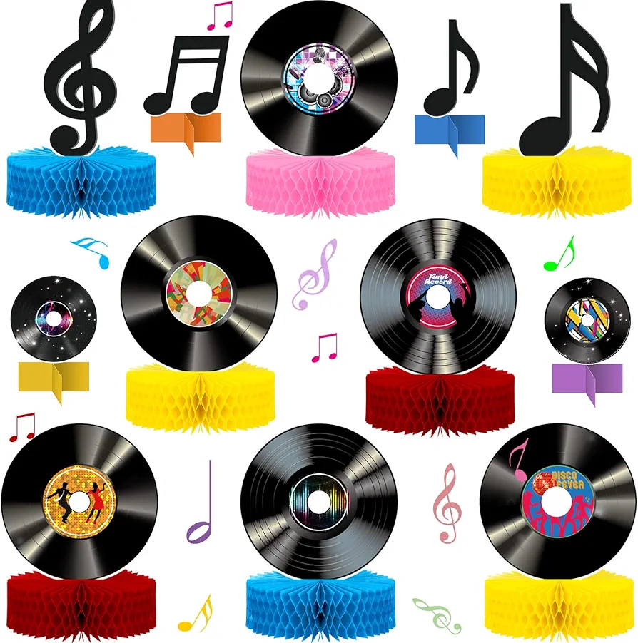 12 Pcs Vinyl Record Honeycomb Centerpieces 1950's Party Decorations Rock and Roll Music Party Supplies Record Retro Table Decor Record Note Room Decor Sign for 50s Theme Music Party Supplies Favors