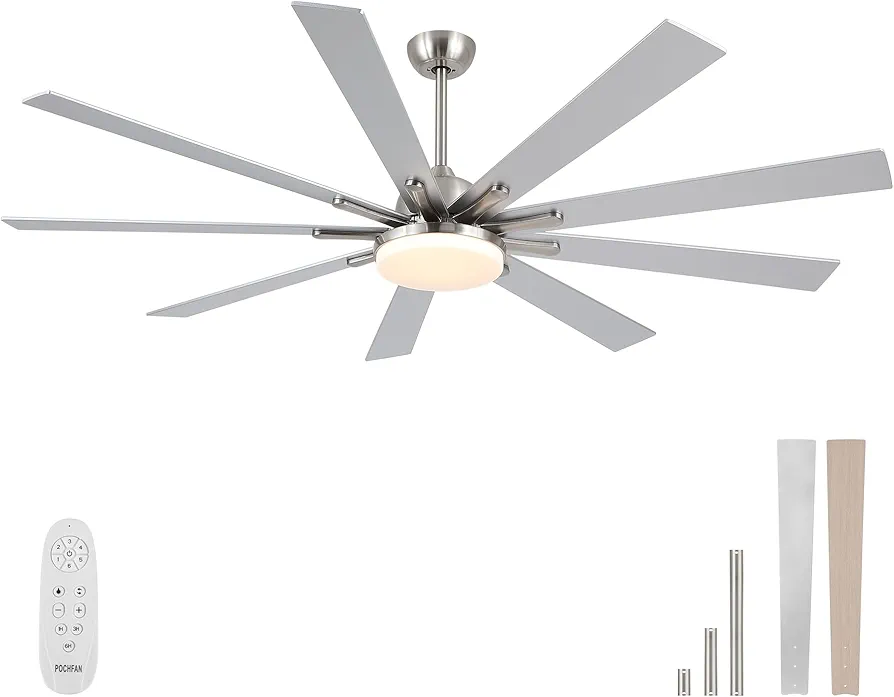 72 inch Large Ceiling Fans with Lights and Remote, Indoor/Outdoor Modern Ceiling fan with 9 Wooden Blades for Kitchen Living Room Patio,Quiet DC, 3 CCT,6 Speed,Brushed Nickel