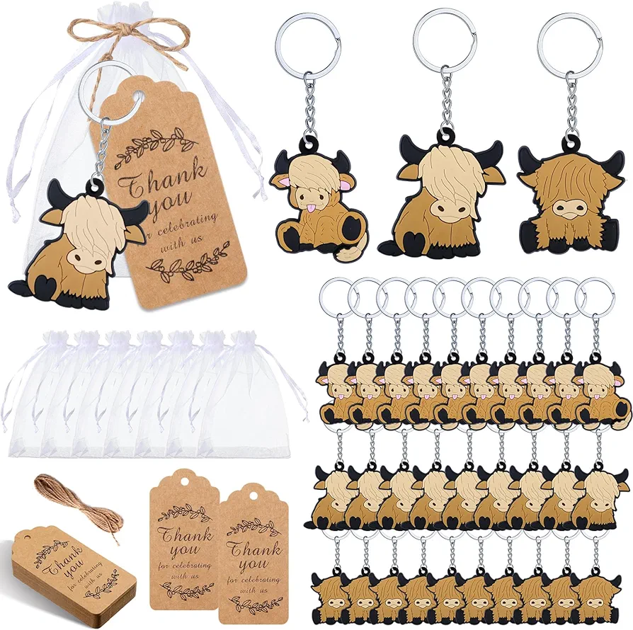 Kigeli 36 Sets Highland Cow Party Favors Baby Shower Keychains for Kids with Organza Bags Thank You Tags Cow Exchange Gifts for Gender Reveal, Classroom Rewards, Cow Party Supplies (Assorted Style)