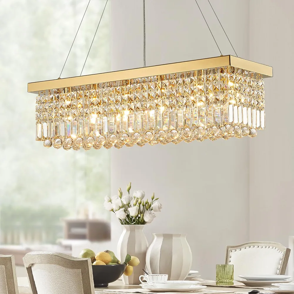 Siljoy 6-Light Modern Crystal Chandelier Rectangular Gold K9 Crystal Raindrop Chandelier for Dining Room, Luxury Adjustable Ceiling Pendant Light for Living Room Kitchen Island L31.5'' x W10'' x H10''