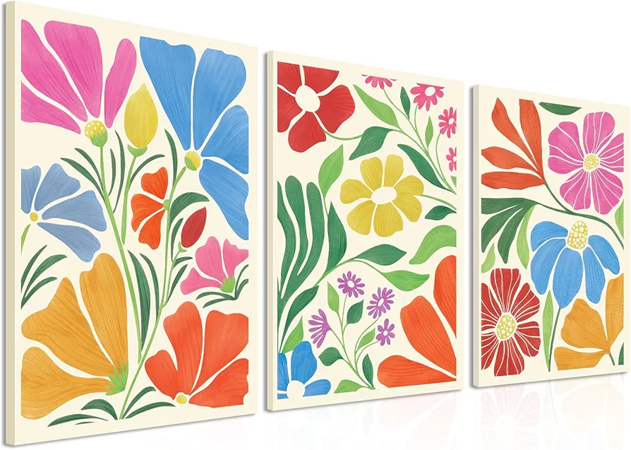 Yaneiro Framed Matisse Colorful Wildflower Wall Art Set of 3, Vintage Abstract Boho Floral Canvas Poster Print Wall Decor, Suitable for living Room Dining Room Bedroom Girls Room 12x16in