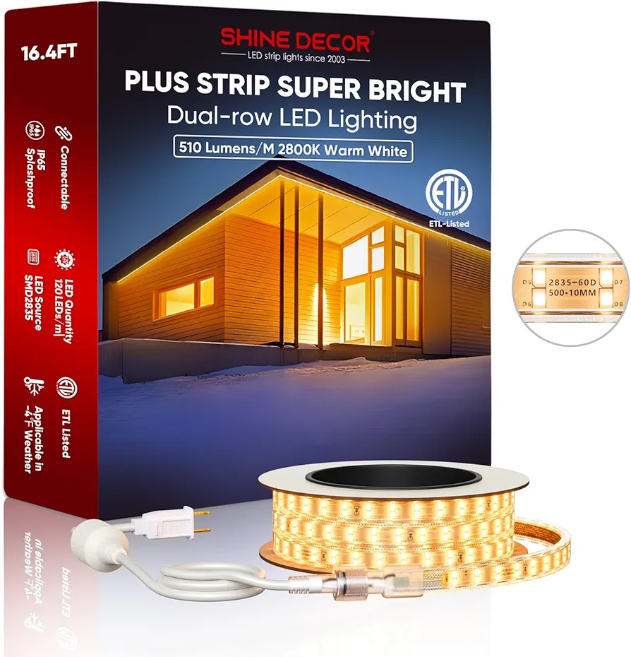 Shine Decor Dual-Row Plus LED Strip Lights Bright 510Lm/M, AC 120V Dimmable Rope Light IP65 Waterproof Cold-Resistant, Connectable 2800K Warm White Indoor Outdoor Ceiling Deck Lighting 16.4FT ETL