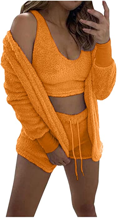 Womens Sexy 3 Piece Outfits Fuzzy Fleece Open Front Hooded Cardigan Coats Crop Tank Top & Shorts Pajama Set Loungewear