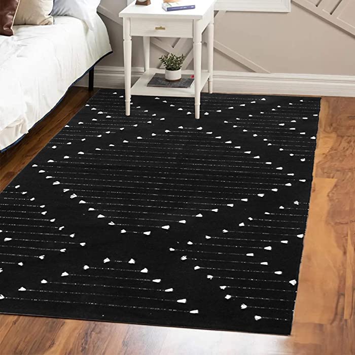 LIVEBOX Boho Bedroom Rug 4' x 6' Black Machine Washable Moroccan Woven Cotton Area Rug Farmhouse Indoor Outdoor Floor Rug for Living Room Entryway Dining Room