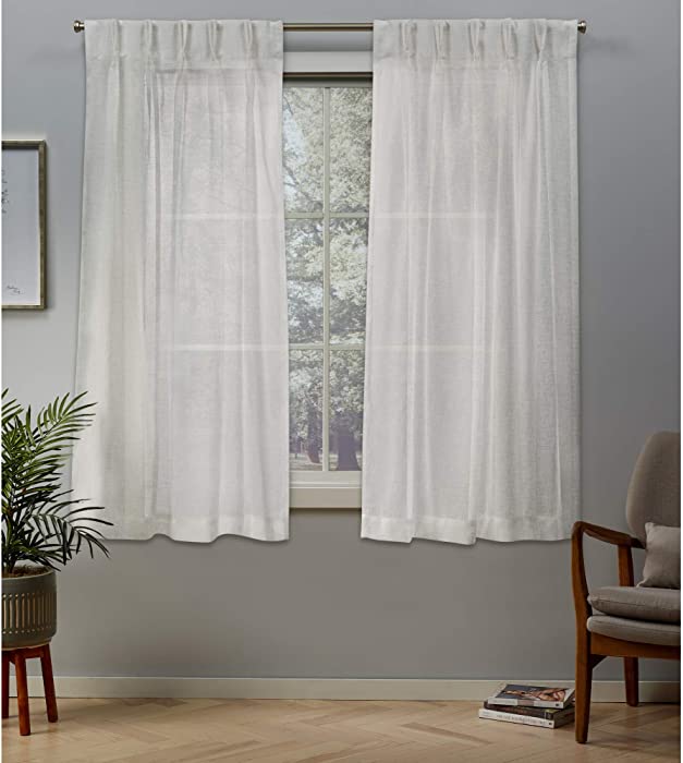 Exclusive Home Curtains Belgian pp Sheer Textured Linen Look Jacquard Pinch Pleat Panel Pair, 30x63, Snowflake