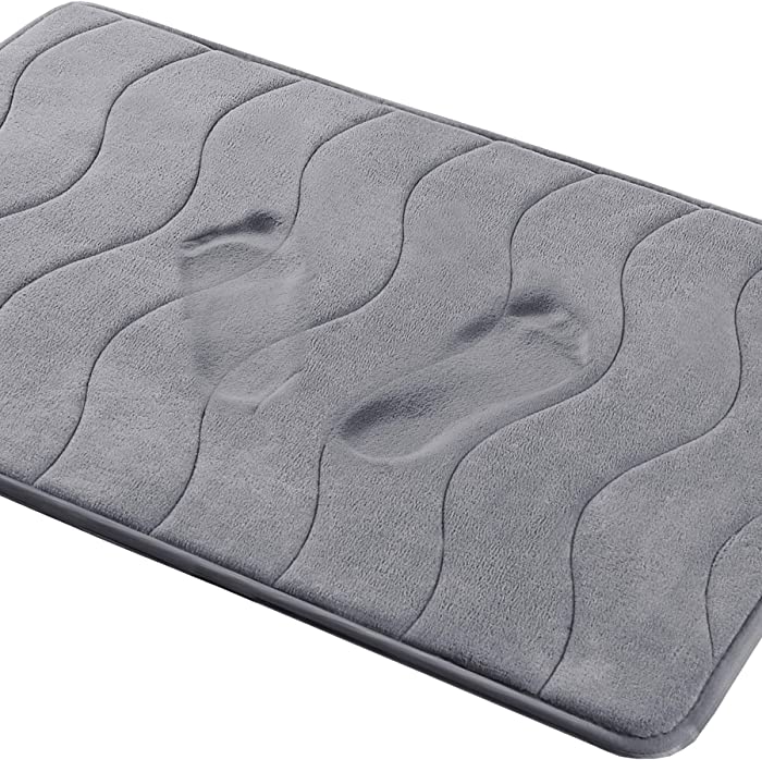 Memory Foam Bath Mat for Bathroom Non Slip Bath Rug Velvet Thick Soft and Comfortable Water Absorbent Machine Washable Easier to Dry Floor Rug Mats Waved Pattern, 24x36 Inches, Grey