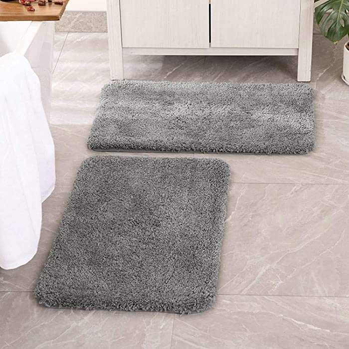 MIULEE Set of 2 Non Slip Shaggy Bathroom Rugs Extra Thick Soft Bath Mats Plush Microfiber Absorbent Water for Tub Shower Machine Washable (Grey, 20x30 inches)