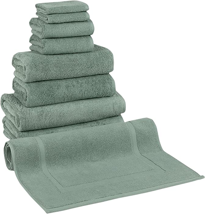 Classic Turkish Towels - Premium Cotton Quick-Dry 9 PC Bath Towel and Bath Mat Set - Soft, Lightweight, Bathroom Towels Made with 100% Turkish Cotton (Green)