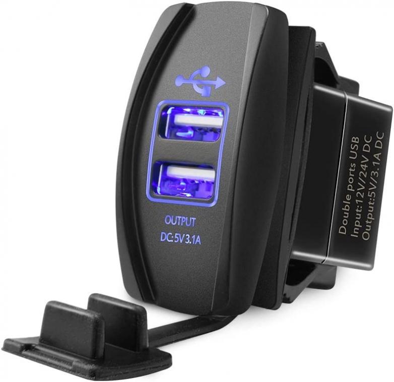 MICTUNING Universal Rocker Style Car USB Charger - with Blue LED Light Dual USB Power Socket for Rocker Switch Panel