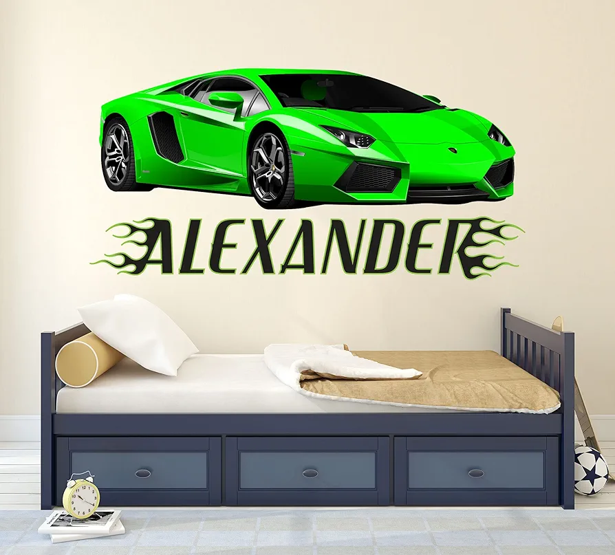 Racing Car Wall Decal for Boys Room - Custom Name Wall Decals Kids Bedroom Decor - Car Wall Sticker - Flames Race Car Wall Decor