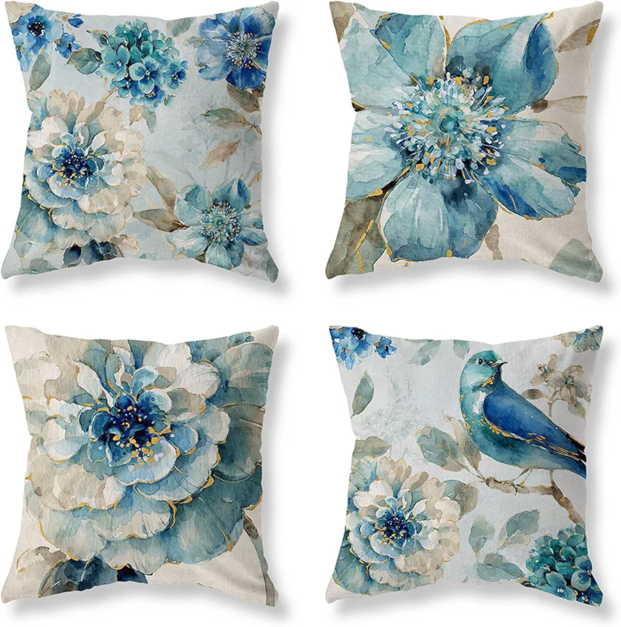 Blue Floral Throw Pillow Covers 18x18 Set of 4 Farmhouse Vintage Flower Bird Pillow Covers Decorative Outdoor Patio Pillow Cases Cushions Cover for Living Room Couch Sofa Bed Home Decor