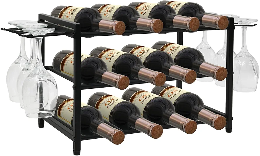 Wine Rack Countertop with Wine Glasses Holder, 3 Tier Freestanding Counter Wine Holder, 12 Bottle Wine Bottles Metal Storage Display for Kitchen, Dining Room, Bar, Pantry, Wine Cellar Black