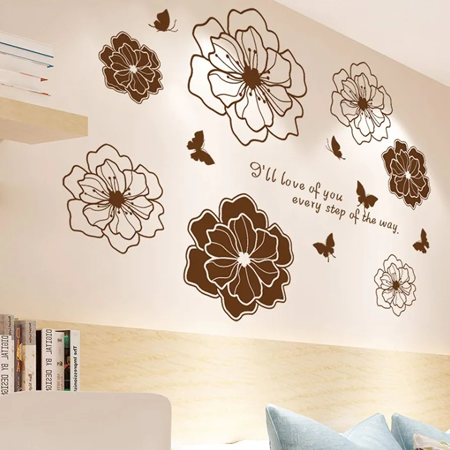 Amoda Brown Wall Stickers Hollow Out Flowers Wall Paper Removable DIY Art Decor Wall Sticker Murals for Kids Girls Bedroom,Living Room TV Background