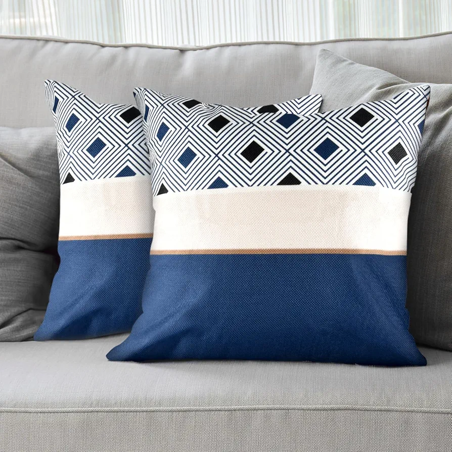 Pack of 2 Decorative Throw Pillow Covers - 18x18 Inch, Soft Lozenge Pattern Striped, Modern Farmhouse Decor, Perfect for Sofa, Living Room, Bed - Blue