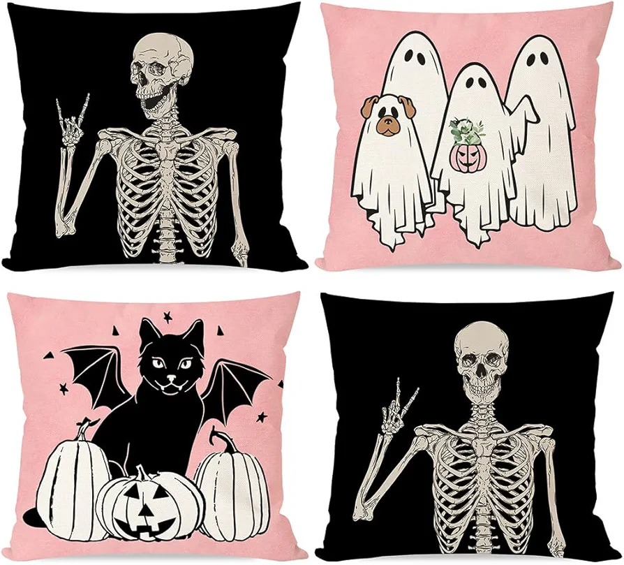 Pink Halloween Pillow Covers 18x18 Set of 4 Ghost Black Cat Skeleton Dog Pumpkin Fall Halloween Decorations Indoor Outdoor Decorative Throw Pillows Cases for Home Bed Living Room Couch Decor