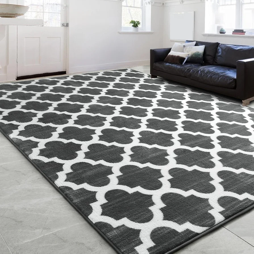 Geometric Shag Modern Area Rug for Living Room Bedroom, 4x6 Distressed Moroccan Fluffy Rug Indoor Carpet for Kids Nursery Bedside Room Decor, Memory Foam Soft Shaggy Rugs, Dark Grey/White