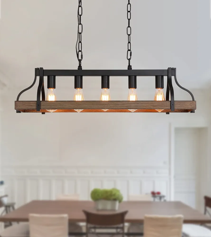 Rustic Kitchen Island Dining Room Light Fixture Farmhouse Linear Chandelier Black and Retro Wood Finish 5-Light Industrial Metal Hanging Pendant Light UL Listed L33.5 W10.6