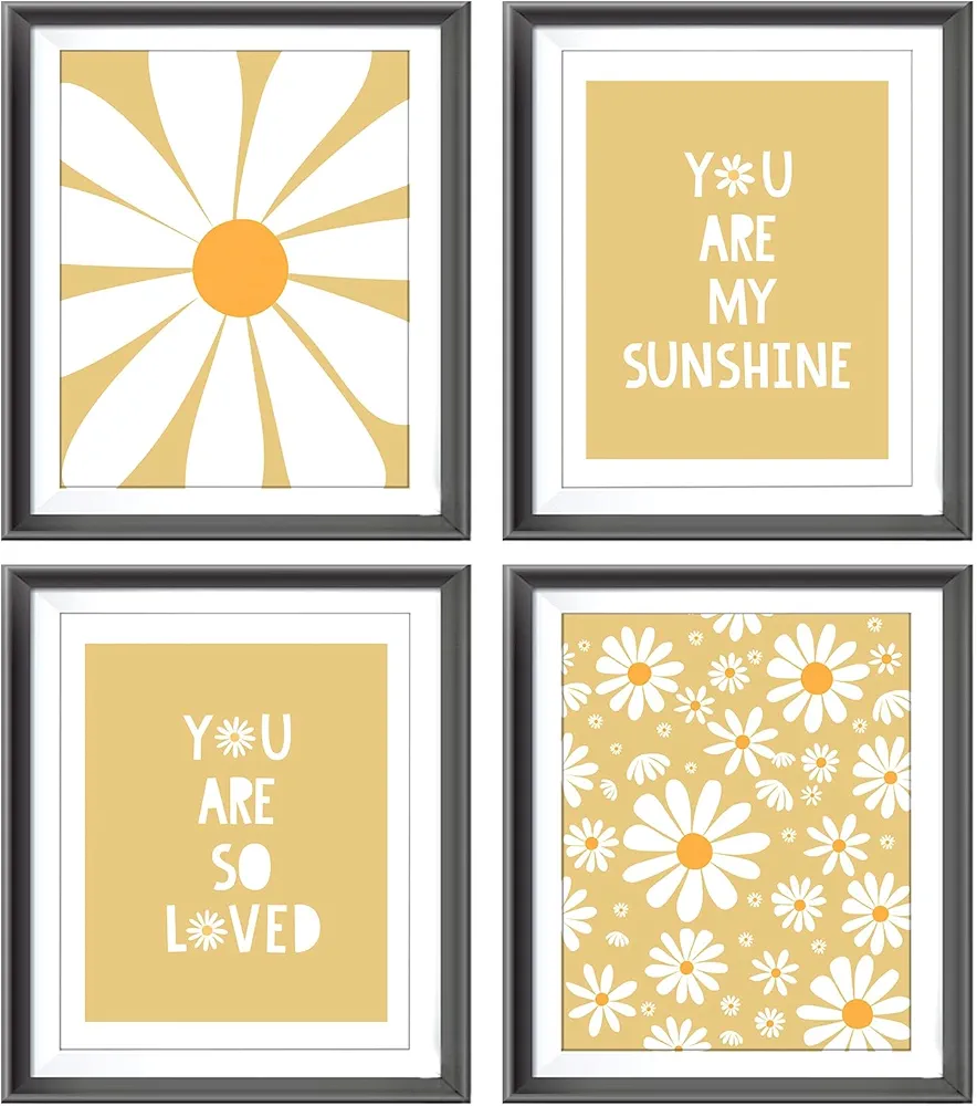 AEHIE Boho Yellow Daisy Flower Decor Wall Art Print, You Are My Sunshine Poster Prints for Baby Girls Room Nursery Decor, Bohemian Wall Decor, Spring Aesthetic Floral Wall Art Print for Home, 4pcs