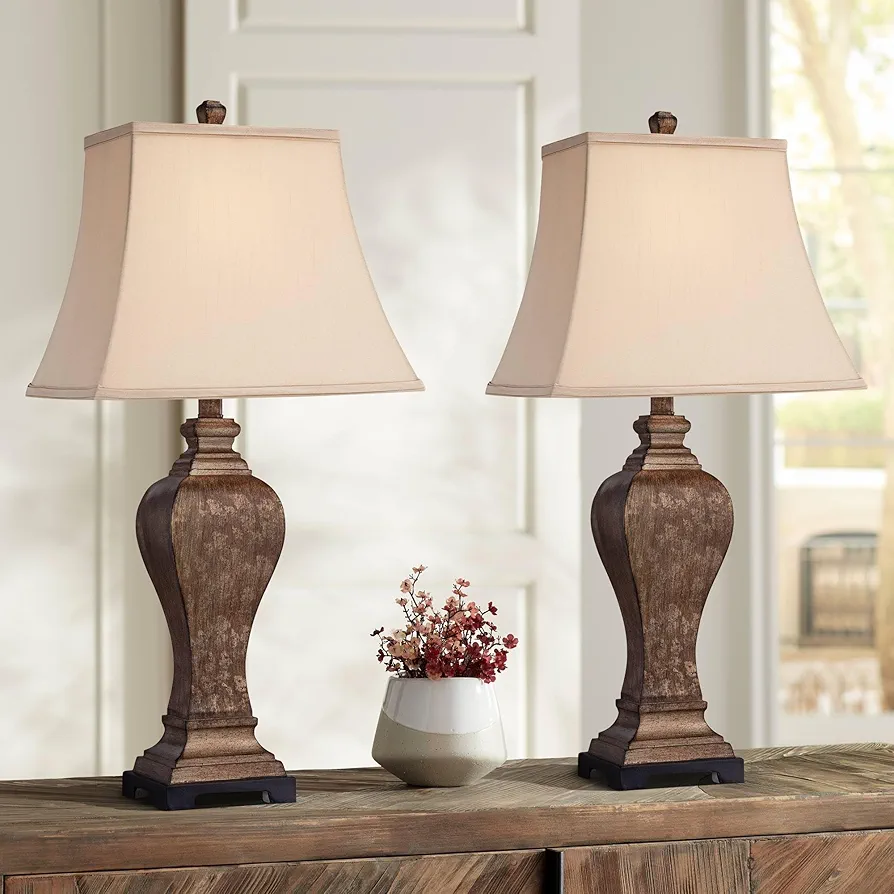 Regency Hill Edgar 29" Tall Urn Traditional Country Cottage Farmhouse Rustic End Table Lamps Set of 2 Brown Bronze Finish Living Room Bedroom Bedside Nightstand House Office Fabric Shade