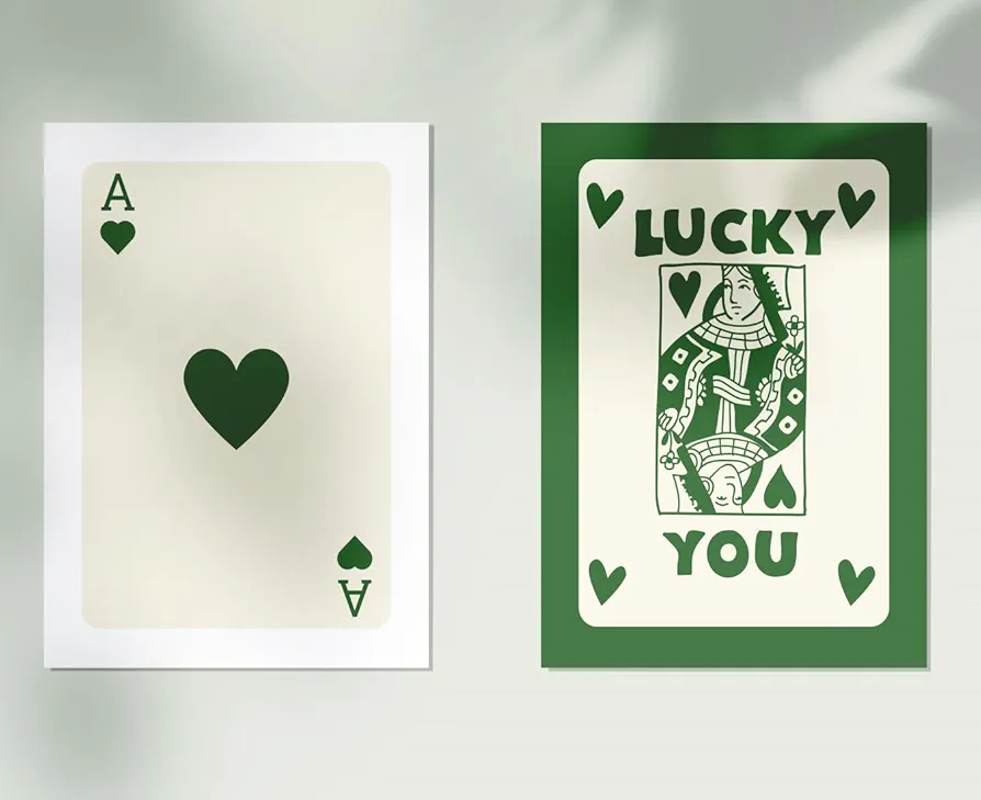 MINI ZOZI Lucky You Poker Wall Decor Canvas Art Posters 12X16 Trendy Wall Art Prints Aesthetic Funky Room Art Bedroom Apartment Set Of 2 Retro Vintage Funny Queen Ace Spades Deck Of Cards Green