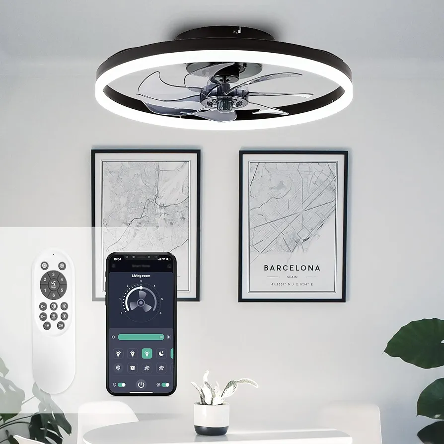 STERREN 20'' Modern Low Profile Ceiling Fan with Light, Bedroom LED Ceiling Fan with Remote Control, Bladeless Flush Mount Black Fan Lights Ceiling Fixtures for Living Room,Small Room