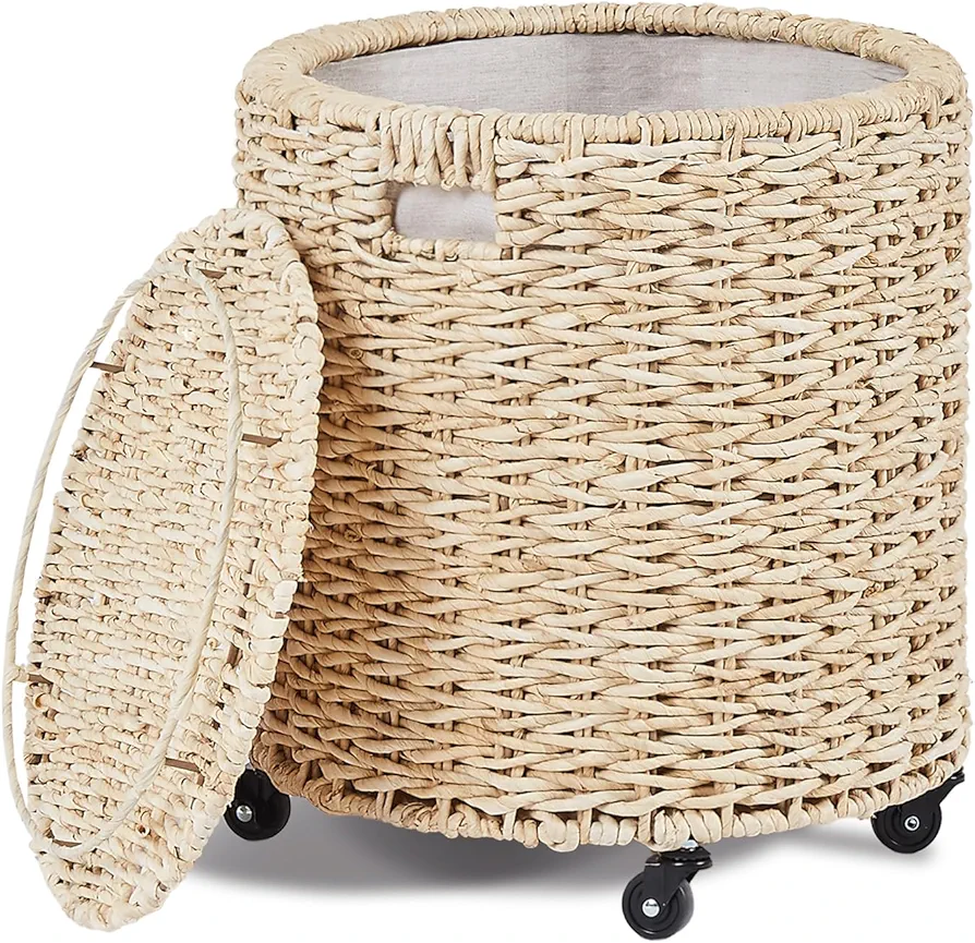 Wimarsbon Vintage Storage Basket, Multipurpose Rolling Hamper With Brakable Wheels and Lid, Braid Laundry Bin, Handwave Clothes Toy Organizer Tote for Living Room