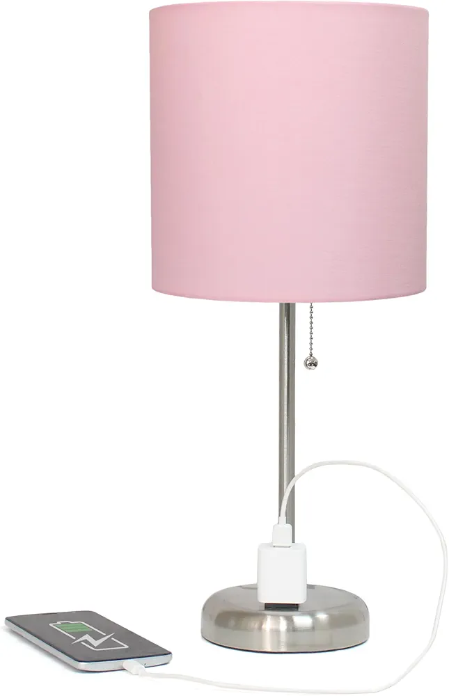 Simple Designs LT2024-LPK-2PK Two Pack Brushed Steel Stick Table Desk Lamp Set with Charging Outlet and Drum Fabric Shade for Living Room, Hallway, Nightstand, Office, Light Pink Shade