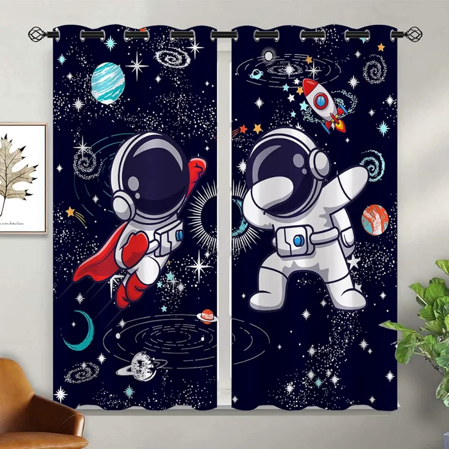 Cute Astronaut Blackout Curtains for Girls Boy Home Decor, Space Cartoon Funny Spaceman Grommet Thermal Insulated Drapes Darkening Window Curtain for Bedroom Living Room, 42 x 45 Inch