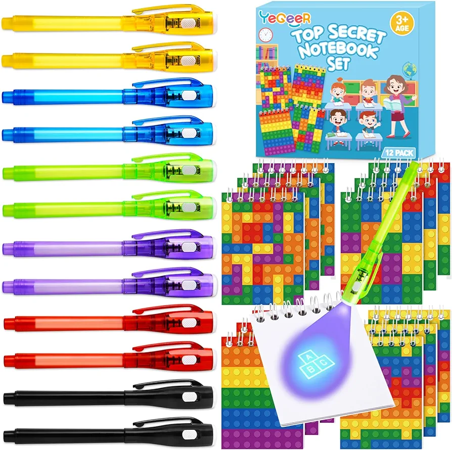 12 Pack Invisible Ink Pen with Notebook Set for Kids 4-12, UV Pen Light, Spy Pen Party Supplies, Birthday Party Favors for Kids 4, 5, 6, 7, 8, 9, 10, 11, 12, Classroom Prizes for Boys Girls