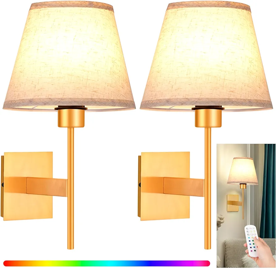 Battery Operated Wall Sconce Set of Two - Rechargeable Wireless Wall Lights with Remote, Dimmable (10%-100%), Color Adjustable (3000k-6000K) & 12 RGB Effect, Suitable for Bedroom Living Room (Gold)