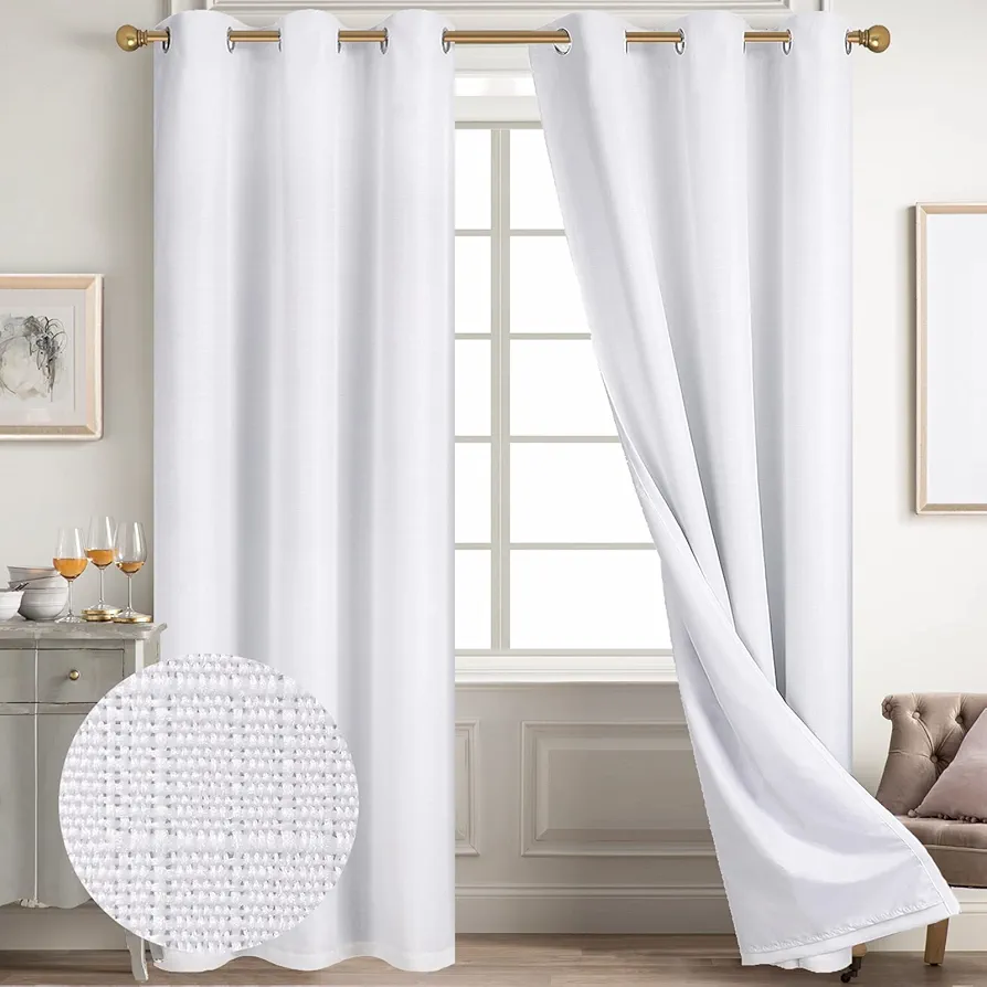 Diraysid 100% Blackout Curtains White Linen Curtains for Bedroom Grommet Thermal Insulated Room Darkening Drapes (2 Panels, W42 x L84 Inch)