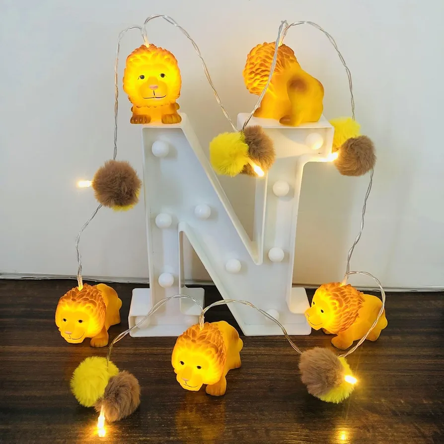 5.4 FT 10 LED Battery Operated Animal Shape Lion String Lights, Lion Pompom Fairy Lights for Patio Garden Home Bedroom Christmas Party Decoration (Lion King)