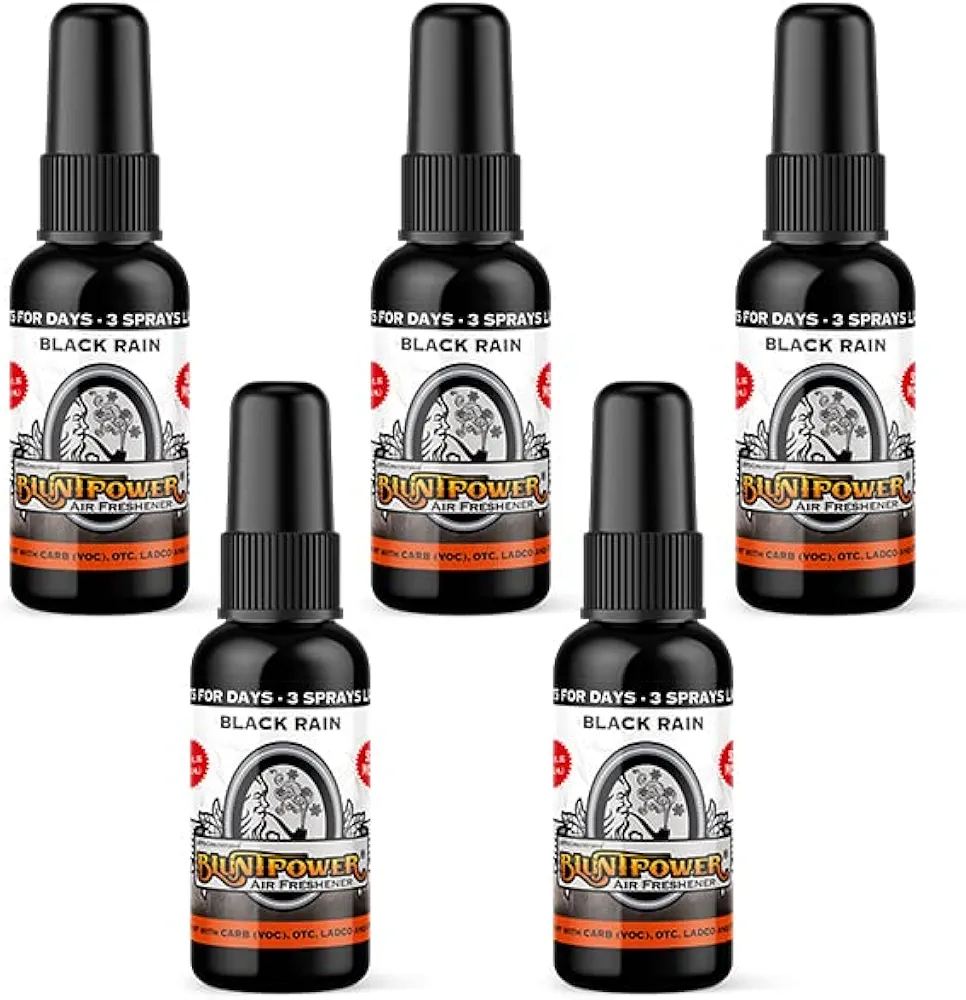 BluntPower (Black Rain, 5 Pack) Concentrated Air Freshener for Room and Car Spray - Oil-Based Diffuser Spray Bottle - Long-Lasting Bathroom Spray, Car Freshener, & Odor Eliminator Spray