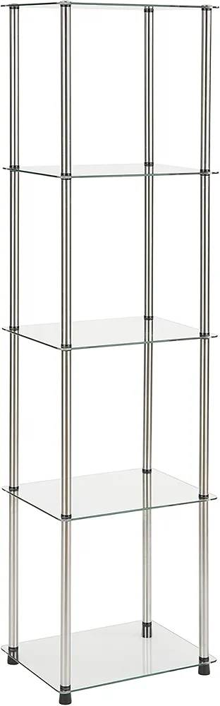 Convenience Concepts Designs2Go Classic Glass Shelves 15.75" - 5-Tier Glass Tower Room Décor, Modern Shelves for Storage and Display in Living Room, Bathroom, Bedroom, Office, Glass