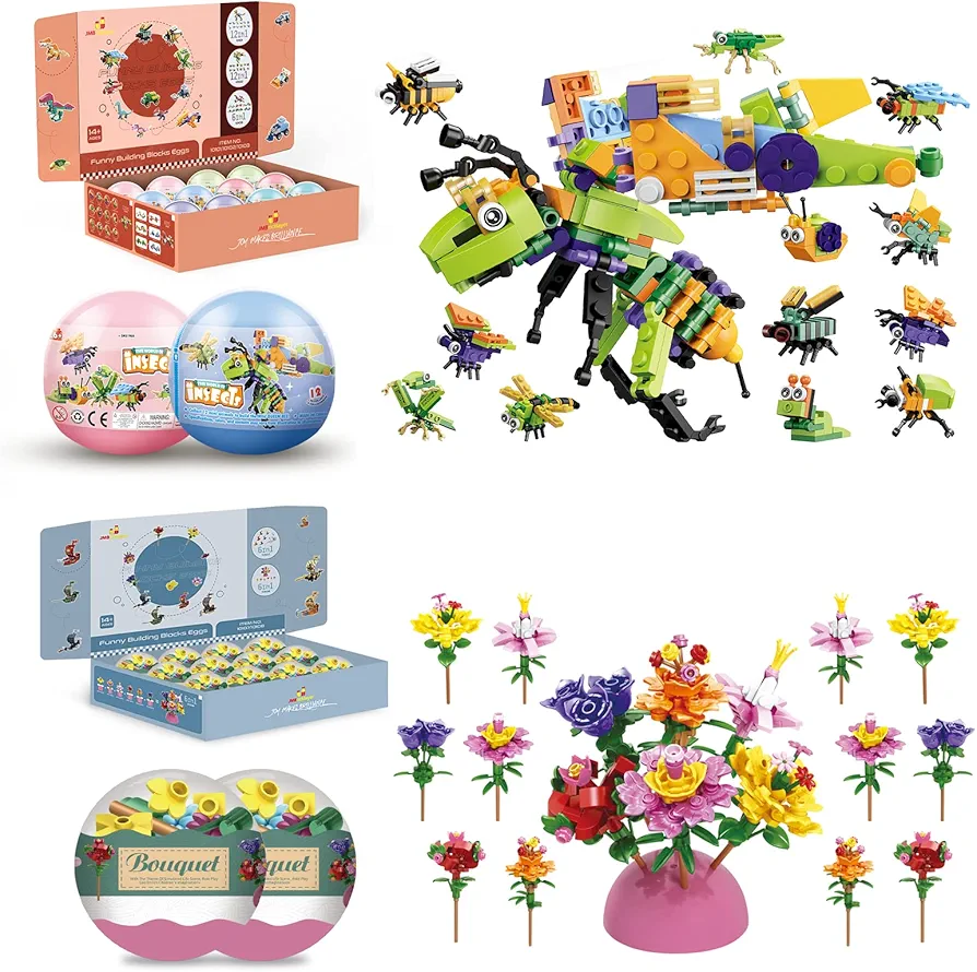 JMBricklayer Insect Easter Eggs & Flowers Easter Basket Stuffers Building Blocks, Easter Gifts for Girls Women, 12 Packs Beautiful Bouquet Model Set, Flower Room Decor Easter Baskets for Kids