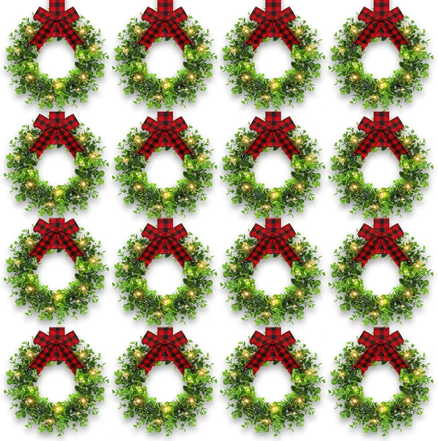 32 Pieces Lighted Christmas Wreath Set, 16 Pcs Christmas Kitchen Cabinet Wreaths with Ribbon and 16 Pcs LED String Lights Hanging Decorative Boxwood Wreaths for Door (Black and Red Plaid)